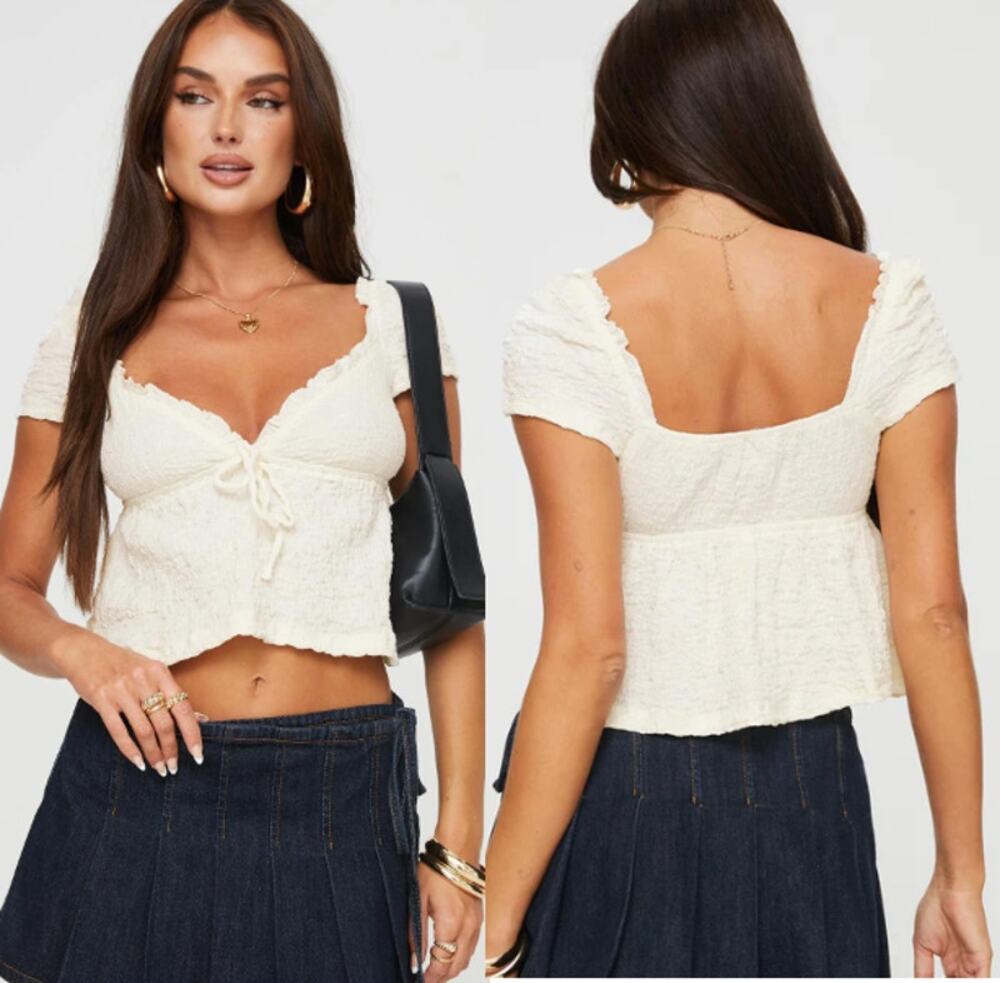 NWT Princess Polly Cap Sleeve V-Neck Cropped Blouse Top Cream Women's US 2/AU 6